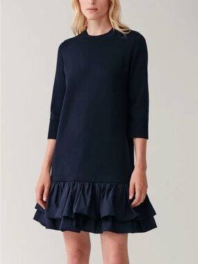 NWT COS Navy Crewneck Ruffle-Hem Mini Dress